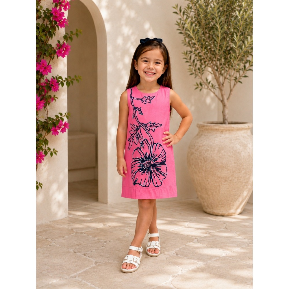 Lilly Pulitzer Girls Poppy Razzie Pink Shift Dress Sz 5 Floral Embroidered